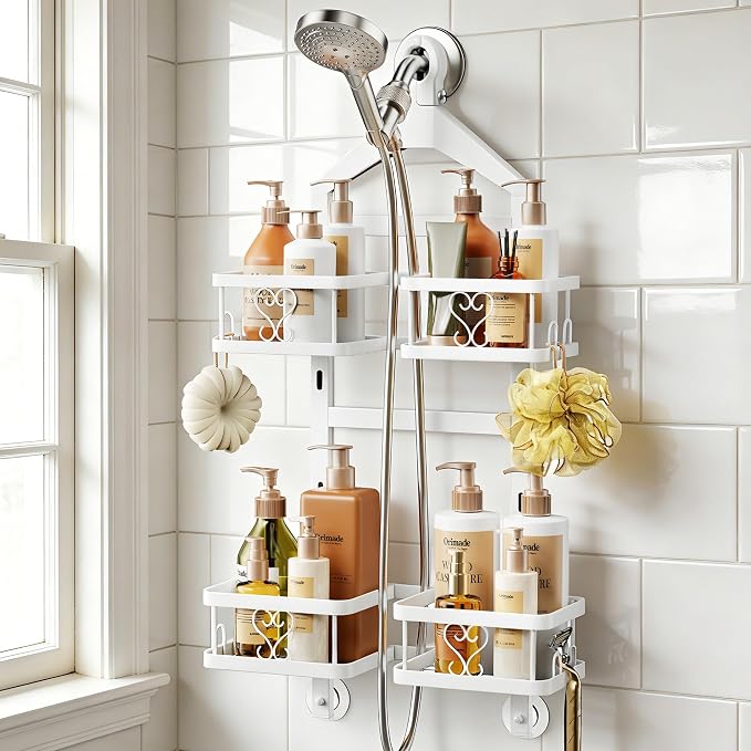 Orimade Adjustable Hanging Shower Caddy for Handheld Shower Heads, Rustproof Bathroom Shelf Organizer Over Showerhead Storage Rack with 8 Hooks, Easy-Clean Removable Baskets & Triple Anti-Slip, White