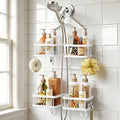 Orimade Adjustable Hanging Shower Caddy for Handheld Shower Heads, Rustproof Bathroom Shelf Organizer Over Showerhead Storage Rack with 8 Hooks, Easy-Clean Removable Baskets & Triple Anti-Slip, White