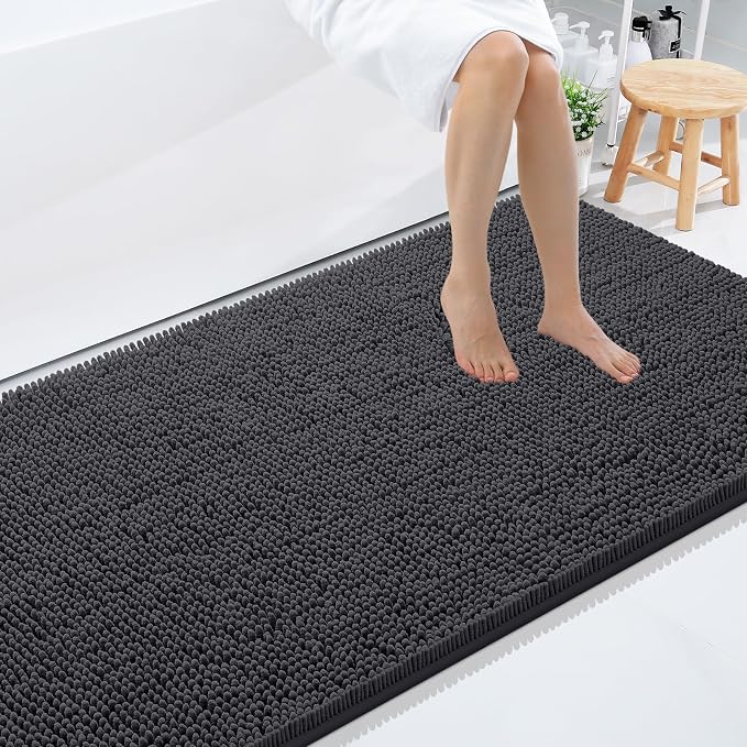 Smiry Luxury Chenille Bathroom Rugs 71x47, Extra Soft and Absorbent Shaggy Bath Mat, Machine Washable, Non-Slip Plush Carpet Runner for Tub, Shower, and Floor, Home Decor Accessories, Charcoal Grey