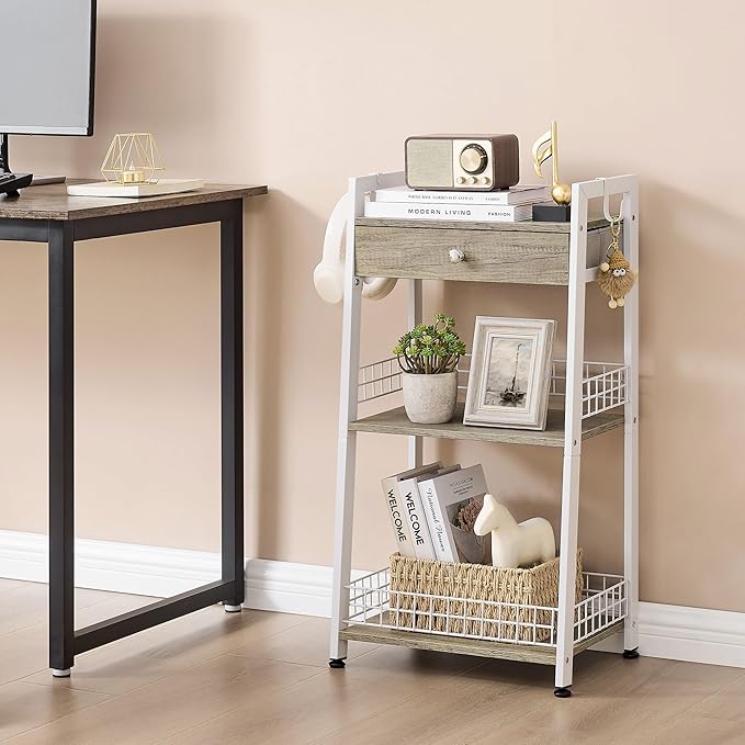 Gewudraw 3-Tier Ladder Shelf with Drawer, Bathroom Table Stand for Small Space, Standing Bathroom Shelves with Storage for Living Room Kitchen Bedroom, Organizer Shelf, White