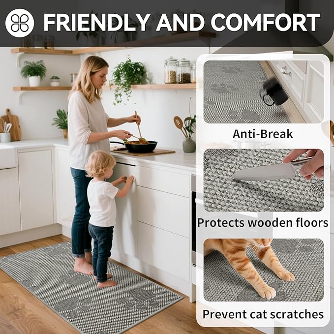YDKGL Kitchen Mats for Floor, Super Absorbent Kitchen Rugs Non Slip Washable, Rubber Backing Soft Woven Linen Embroidery Runner Rug, Standing Mat Kitchen Sink Mat, Easy to Clean, Gray 17x47