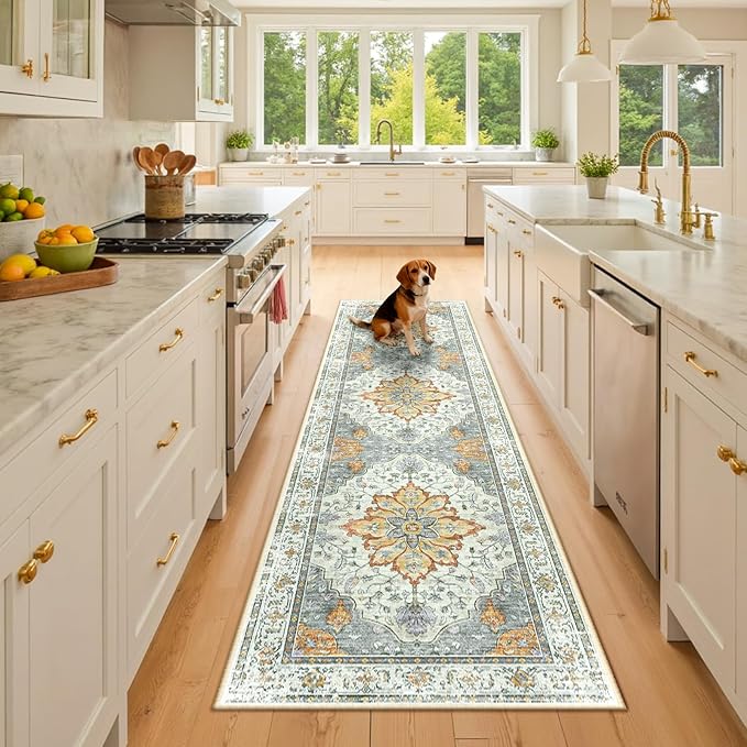 RELEANY Area Rugs Runner 2'6"x8' Washable Non-Slip, Floral Vintage Distress Medallion Carpet for Kitchen Hallway Bedroom Beside Laundry Room Bathroom, Beige Carbon Grey Orange