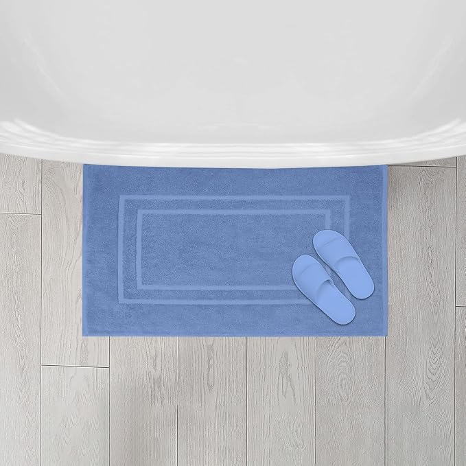 Feather & Stitch 2 Piece Towel Like Bath Mats (30x21 Inch) 100% Cotton Terry Bath Mats, Bathroom Shower Floor Mats [NOT A Bathroom Rug], Soft Absorbent Washable Mats - Faded Denim