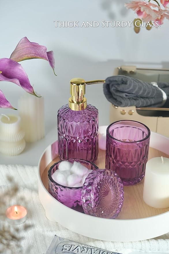 LaMrriti Purple Bathroom Accessories Set 5 Pcs, Glass Bathroom Set, Soap Dispenser and Toothbrush Holder Set, Q-tip Holder Set, Crystal Glass Vintage Bathroom Sink Set, Cute Bathroom Decor