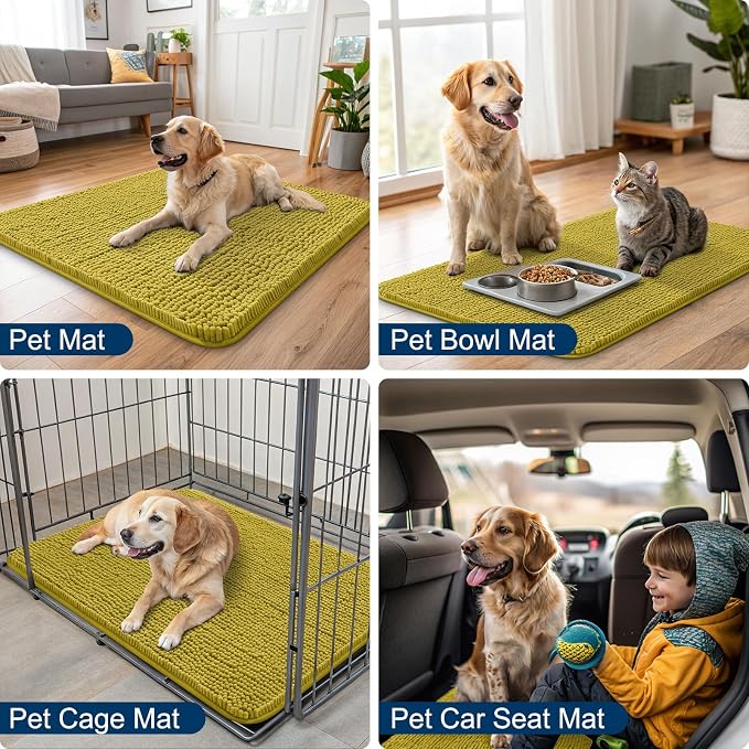 Smiry Dog Door Mat for Muddy Paws 30x20, Absorbent Dirt Trapper, Non-Slip Washable Chenille Entryway Rug for Inside Floor, Mustard Yellow, Classic Solid