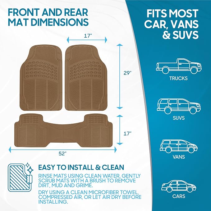 BDK ProLiner Car Floor Mats for Cars Trucks SUV, 3-Piece All-Weather Heavy Duty Rubber Liners with Universal Trimmable Fit, Durable Waterproof Vehicle Auto Floor Mats with Capture Ridges Biege