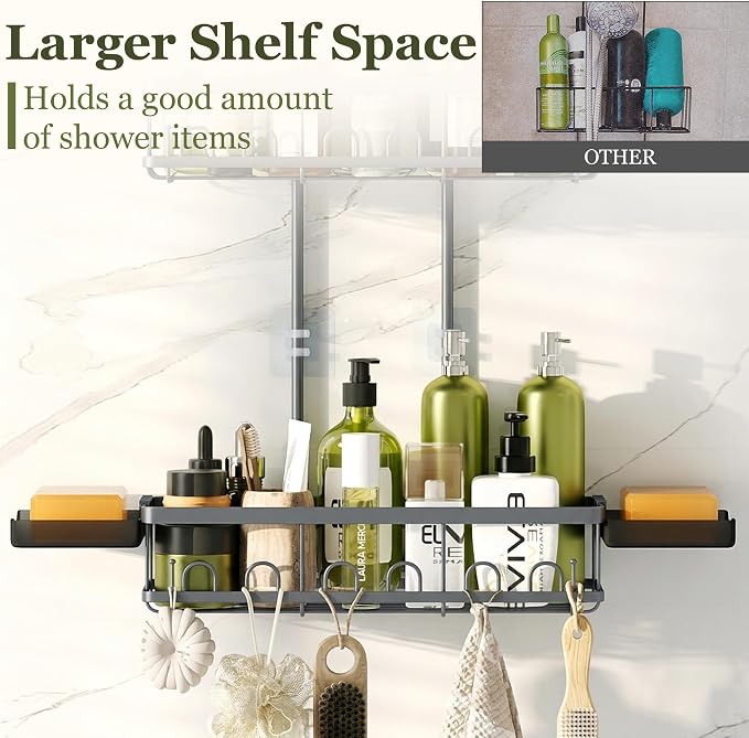Skyapex Shower Caddy Hanging: Adjustable Height Organizer for Over Showerhead - Rustproof Shower Shelves with Hooks & 2 Soap Holders
