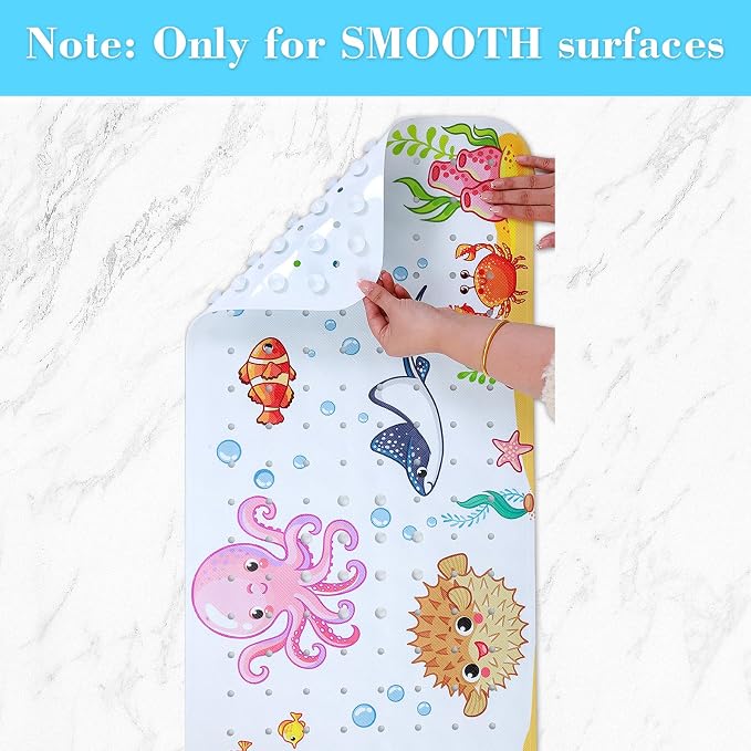 Secopad Bath Mat for Tub Non Slip, Machine Washable Anti-Slip Cartoon Baby Bathtub Shower Mat with Drain Holes and Suction Cups for Toddler & Kids (40 Inch x 16 Inch-Rectangular, New-Octopus)