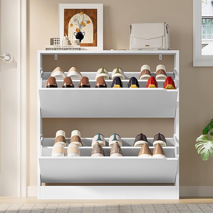 BORNOON Shoe Cabinet with 2 Flip Drawers, Slim Narrow Shoe Storage Cabinet, Freestanding Shoe Organizer with Adjustable & Removable Shelves, Top Display Shelf for Entryway, Hallway, Foyer, Closet
