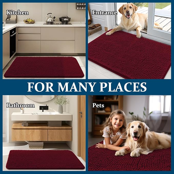 OLANLY Dog Door Mat for Muddy Paws 48x30, Absorbs Moisture and Dirt, Absorbent Non-Slip Washable Doormat, Quick Dry Chenille Mud Mat for Dogs, Entry Indoor Entryway Carpet for Inside Floor, Burgundy
