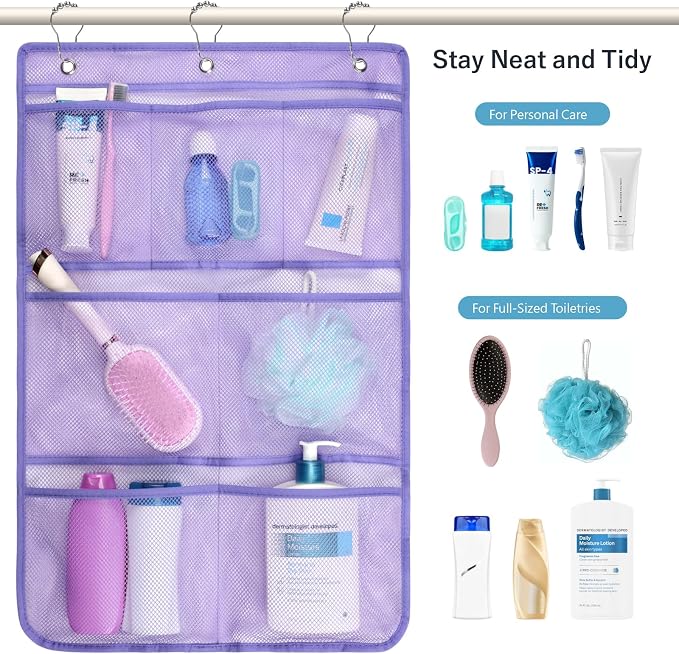 F-color Cruise Essentials 2026 - Mesh Shower Organizer Hanging with 7 Pockets for RV Gym Camping, Quick-Dry Portable Toiletry Bag with Metal Hooks for Bathroom Travel Toiletries, Purple+Purple