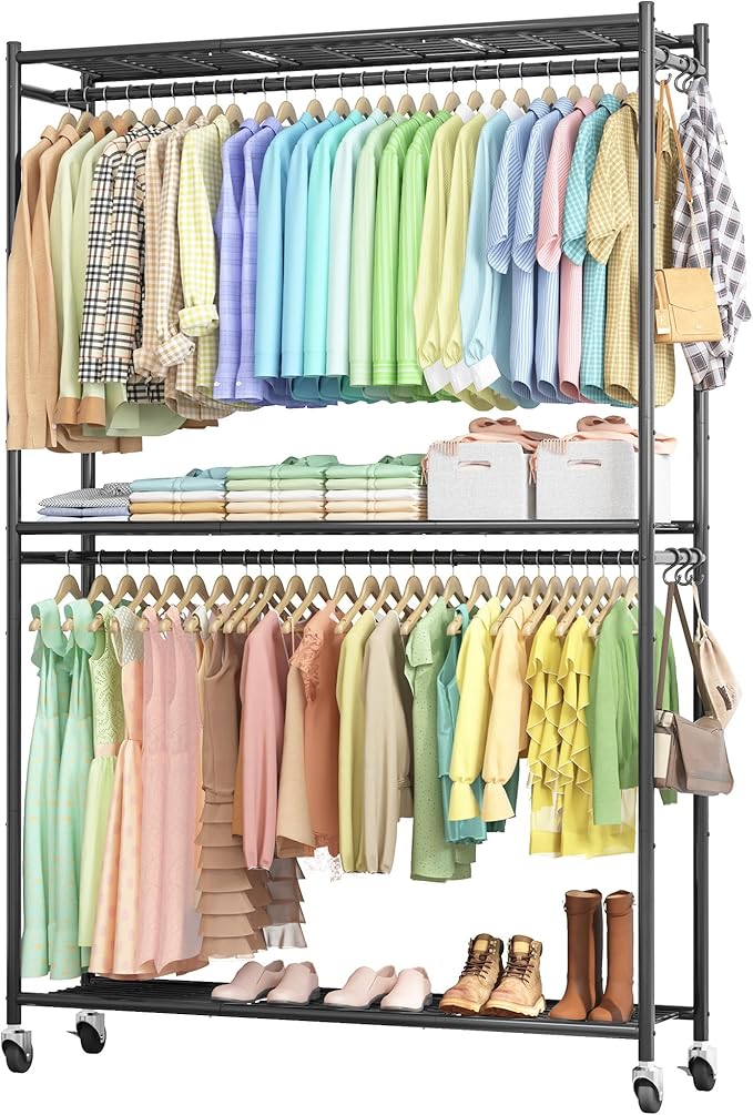Sakugi Clothes Rack - 45.2" x 12.2" x 79.5" Clothing Rack with Shelves & Wheels, Multi-Functional Wardrobe Closet with Hooks, Sturdy Metal Garment Rack for Bedroom, Laundry, Balcony (Black)