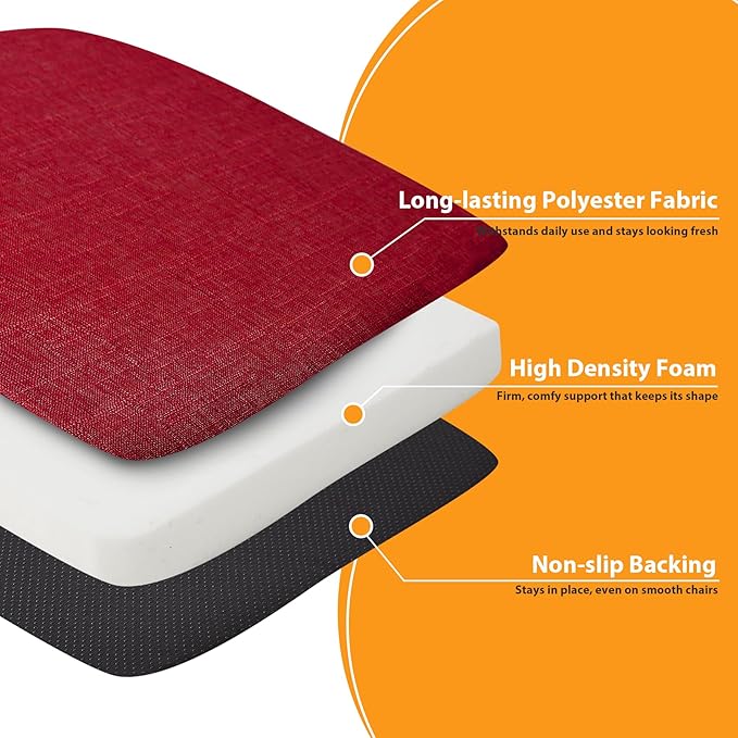 Ruqmuis Chair Cushions for Dining Chairs, 2" Thick Seat Cushions for Kitchen Chairs, D-Shaped Chair Pads with Washable Cover, Ties and Non Slip Backing, 17'' x 16'', Set of 2, Red