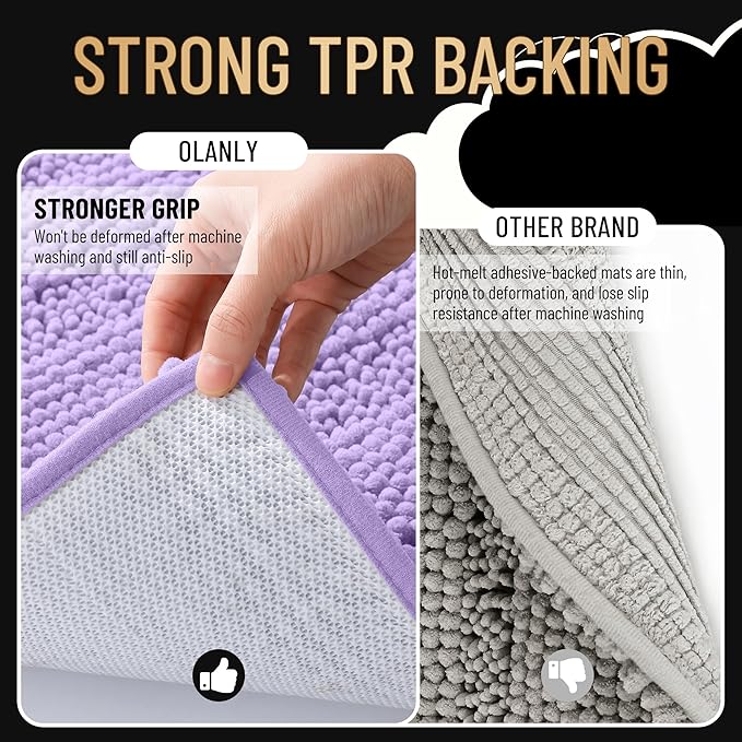 OLANLY Thick Bathroom Runner Rugs 47x17, Extra Absorbent Chenille Striped Bath Rugs, Rubber Backing, Machine Wash Dry, Long Bath Mats for Bathroom, Tub and Shower, Home Decor Accessories, Lavender
