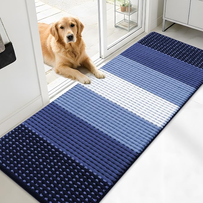 Kitinjoy Indoor Outdoor Door Mat, 71x24 Non-Slip Absorbent Dirt Trapper, Low-Profile Washable Inside Entrance Front Floor Mat, Sturdy Soft Entry Dotted Ombre Doormats for Entryway, Navy Blue