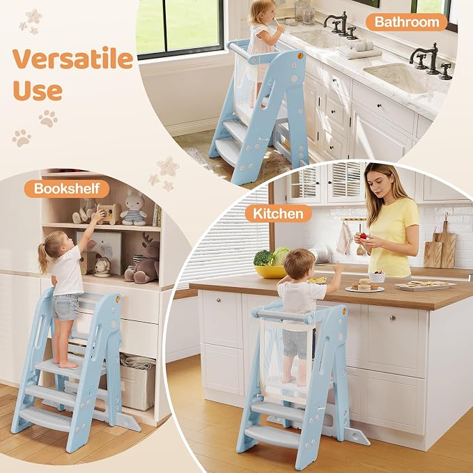Onasti Adjustable Height Toddler Tower, Space Saving Kids Kitchen Step Stool with Removable Safety Net, Non-Slip Standing Platform for Toddlers 1.5-6 Years-Blue