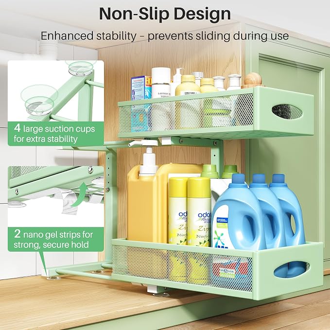 2 Pack Under Sink Organizer, 2 Tier Pull out Cabinet Organizer Mesh Baskets with 5 Adjustable Heights, Sliding Drawers Storage Shelf for Home, Kitchen, Bathroom, Pantry, Office, Countertop ,Green