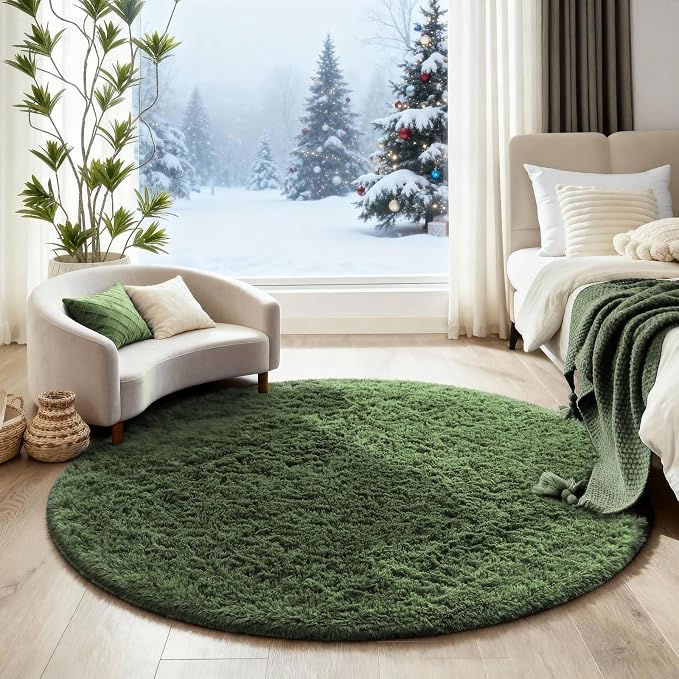 Ophanie Round Rug 4Ft Grey Green Circle Area Rug, Grayish Green Room Decor, Fluffy Fuzzy Bedroom Carpet, Plush Soft Shaggy Living Room Rugs for Kids Home Aesthetic, Nursery