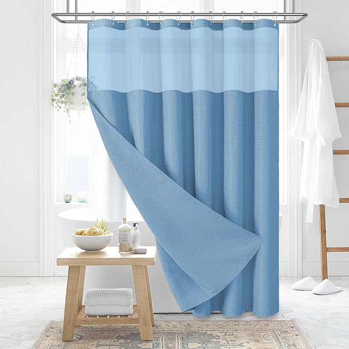 Dynamene Fabric Shower Curtain with Snap in Liner, Waffle Hotel Shower Curtains for Bathroom, Washable Waterproof Cloth Shower Curtain Liner Set with Hook, Mesh Top Window, 72x72, Moonlight Blue