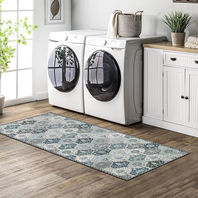 Lahome Moroccan Trellis Kitchen Runner Rug, 2x5 Washable Runners for Hallways Non Slip, Rubber Backing Ultra-Thin Vintage Carpet for Entryway Bedroom Bathroom Elise, Blue