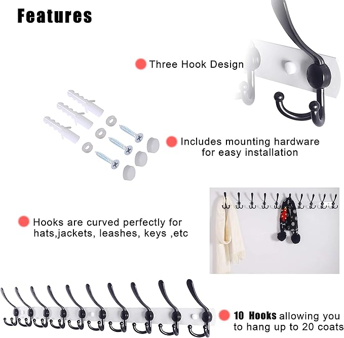 Dseap Coat Rack Wall Mount - 38” Long 10-Tri-Hooks Heavy Duty Coat Hanger Rail Wall Hooks for Hanging Coats Hats Clothing Clothes Purse Mudroom Entryway, White/Black, Pack of 2
