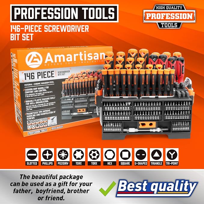 Amartisan 146-piece Magnetic Screwdrivers DIY Tools Set Plastic Racking for Men Tools Gift, Includs Precision screwdriver, Magnetizer, Key Set, Nut Driver and Bit Set