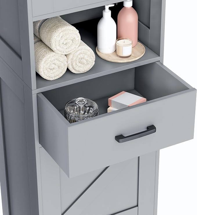 Homhedy 67" H Tall Bathroom Storage Cabinet with 2 Barn Doors and 1 Drawer, Narrow Storage Unit, Adjustable Shelves, Floor Cabinet for Bathroom, Living Room, Entryway, Kitchen, Gray, (15.7" W)