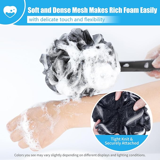 VANZAVANZU Loofah Sponge Set Loofah Exfoliating Body Scrubber, Anti-Slip Plastic 17" Handle Loofah on a Stick with Fluffy Shower Sponge, PE Soft Mesh Shower Loofahs-Black with White Edge