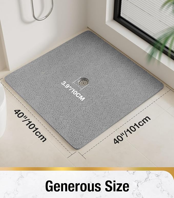 HITSLAM Square Shower Mat, 40 x 40 Inch Non Slip Bath Mat for Tub, Soft PVC Loofah Bathtub Mats with Drain Holes, Quick Drying Bathroom Stall Floor Mat, Bathroom Accessories Without Suction Cup, Grey