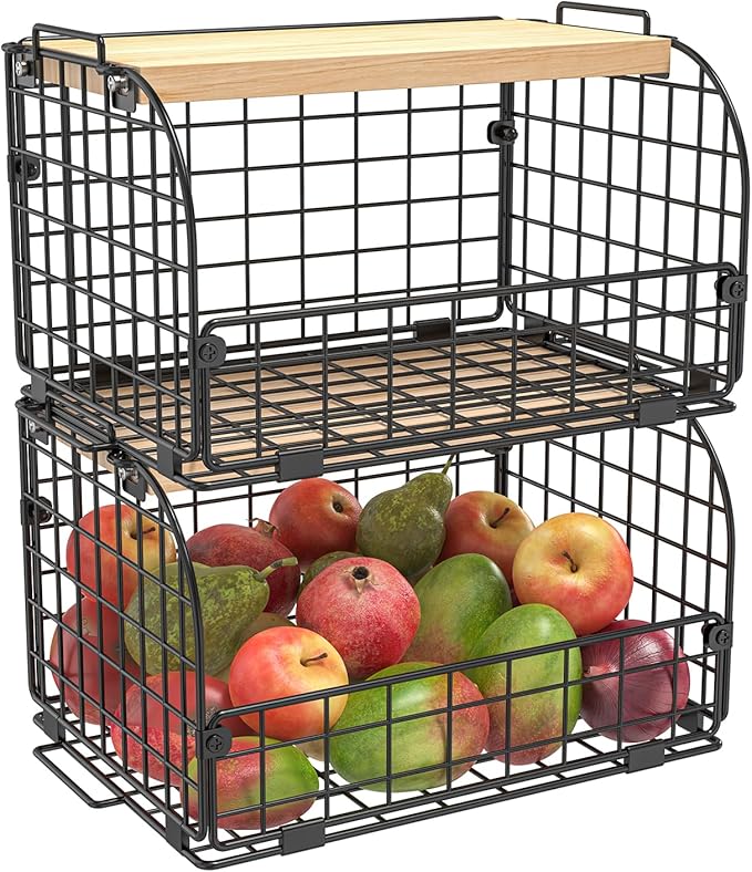 2 Set Stackable Wire Basket with Openable Top, Kitchen Counter, Pantry Organizer and Storage Produce Onion Potato Fruits Vegs Bread Food Snack Spice Organizing Bin for Cabinet Shelf Countertop Floor