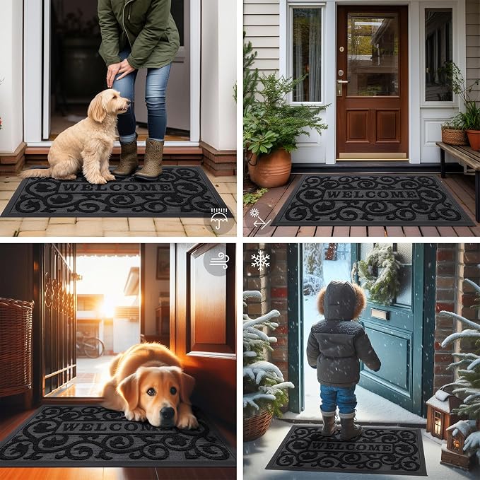 Smiry Welcome Door Mat Outside Entrance, Heavy Duty Trap Dirt and Moisture Easy Clean Low Profile Patio Porch Indoor Outdoor Front Doormat for Entry, 47x32 Inch, Black