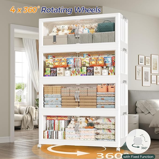 240QT Extra Large Stackable Storage Bins with Lid, 60Gal Plastic Closet Organizers and Storage Drawer, Collapsible Cabinet Box with Wheels Clear Doors for Home Kitchen Office, 4Pack White