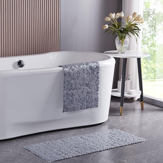 Webos Bath Shower Mat Non Slip: Extra Large Pebble Bathtub mat for Families, Anti Slip Shower Matt with Drain Holes Suction Cups Tub Mat - 16 X 40 Inch Grey