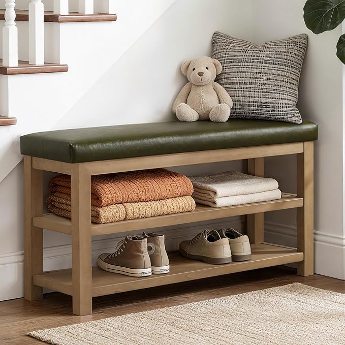Zihanhome Shoe Rack Bench with Leather Cushion, 2 Tier Solid Wood Storage Bench, Mid-Century Modern Shoe Bench for Entryway, Hallway, Closet, Front Door Entrance, Foyer (Green, 46.5)