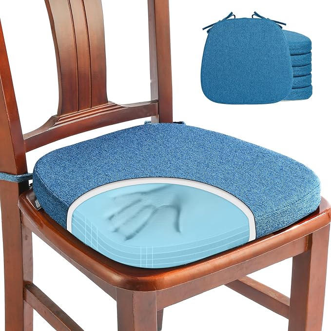 SINOSSO 6 Pack Memory Foam Chair Cushions for Dining Chairs, Friendly Woven Fabric 16" U-Shape Comfortable Kitchen Chair Pads, Removable Slip Resistant Seat Cushions (Set of 6, Blue)