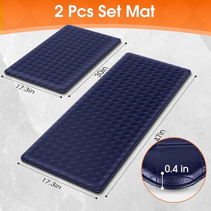 TranquilRelax Kitchen Mats, 2PCS Kitchen Rugs, Cushioned Anti Fatigue Kitchen Mats for Floor, Non-Slip Standing Desk Mat, Waterproof Kitchen Rug Set for Kitchen, Floor, Office,17.3"×30"+17.3"×47",Blue