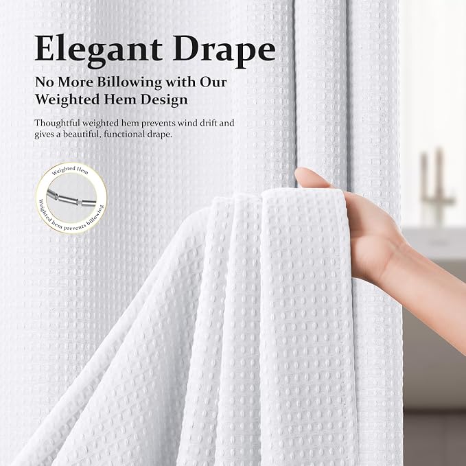 Dynamene White Fabric Shower Curtain, Waffle Weave Heavy Duty Thick Fabric Shower Curtains for Bathroom, 256GSM Weighted Hotel Luxury Cloth Shower Curtain Set with 12 Plastic Hooks, 72Wx72H, White