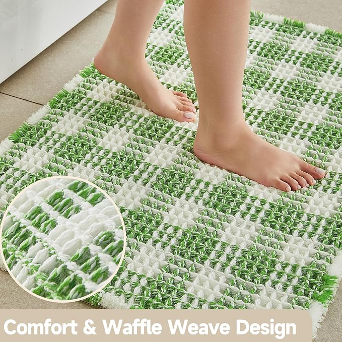 TYUU Waffle Bath Mat, Boho Bathroom Rugs Non Slip Washable Absorbent Checkered Bathroom Mat Quick Dry Cute Bath Mat, 48"x24" Green and White