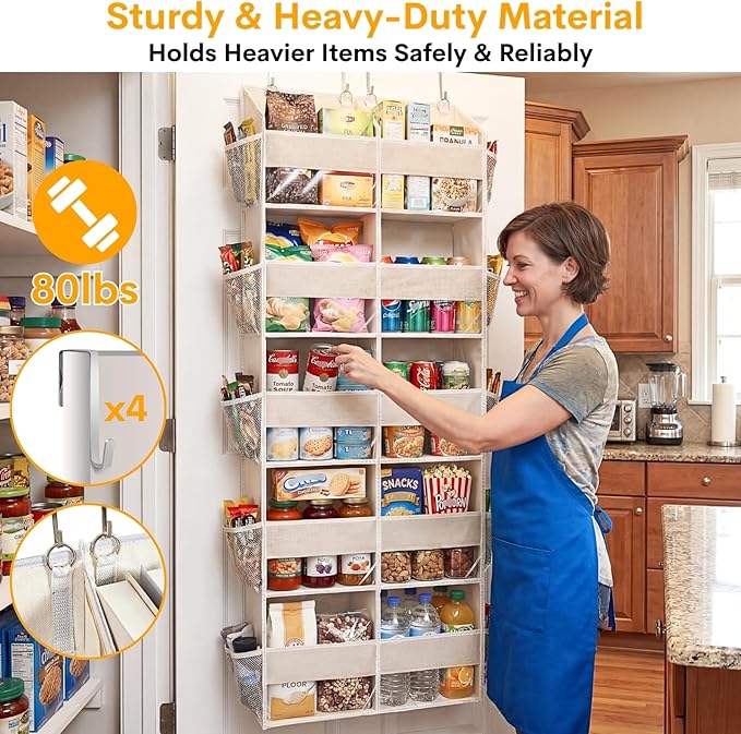 2 Pack Over the Door Organizer 5 Tiers, Extra Large Behind Door Storage of 10 Compartments, 80 lbs Weight Capacity Over Door Organizer, Door Hanging Organizer for Closet, Diaper Organizer, Beige