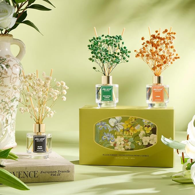 Airkeep Reed Diffuser Set of 3, Black Forest Eucalyptus Moss Citrus Oil Reed Diffusers for Bedroom Living Room Office Aromatherapy Oil Reed Diffuser for Gift 50ml