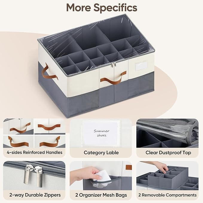 Shoe Organizer for Closet, 1 Pack Shoe Storage Container with Adjustable Dividers, Space Saving Shoe Box Storage Organizer Bin with Clear Lid and 4 Handles, Fits 12-24 Pairs, Beige & Grey
