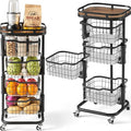 4 Tier Kitchen Fruit Vegetable Storage Cart with One-Piece Rotating Basket, Pantry Organizer Shelf Rack Floor Stand for Veggie Onion Potato Produce Spice, Rolling Snack Cart on Wheels, Black