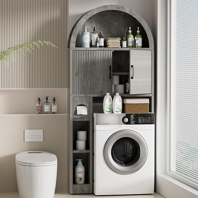 Spurgehom Over The Toilet Storage Cabinet, Bathroom Shelf Organizer Freestanding, Bathroom Arch Cabinet Over Toilet with Toilet Paper Holder and Anti-Tipping Device, Grey