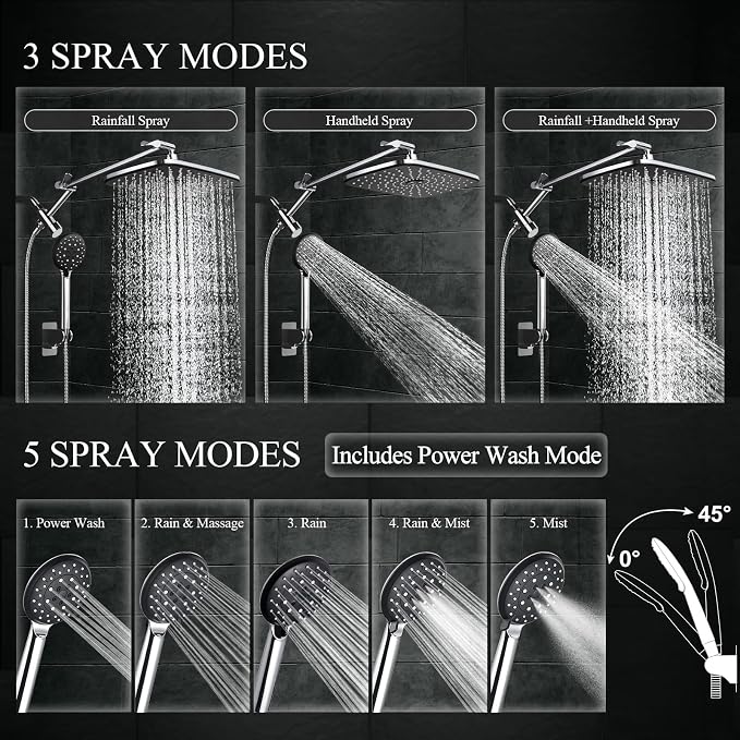 Veken 14" Wide Rain Shower Head with Handheld, High Pressure Handheld Shower with Multi Spray Modes, Rainfall Combo with 15" Metal Extension Arm, Detachable Dual Shower, Bathroom Decor, Chrome Silver