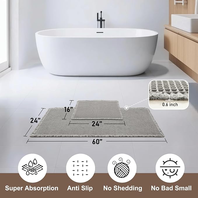 JIUZHEN Set of 2 Waffle Bath Mats Non Slip Waffle Bathroom Runner Rug Washable Boho Runner Bath Rugs Super Absorbent Shower Mat for Bathroom Kitchen Hallway Laundry, 16" x 24" +24" x 60", Grey