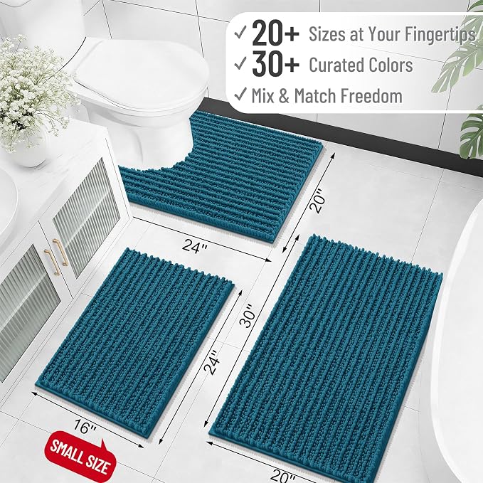 OLANLY Long Bathroom Rugs Runner 47x24, Thick Soft and Absorbent Chenille Bath Mat, Non-Slip, Machine Washable Quick Dry Bath Rugs for Tub Shower Floor, Home Decor Accessories, Peacock Blue