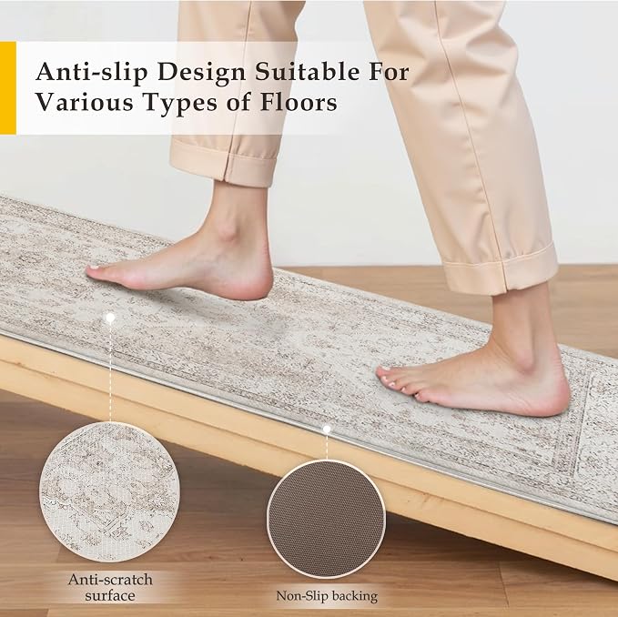 PureCozy Kitchen Mats for Floor Anti Fatigue Cushioned Beige Vintage Kitchen Mats Waterproof Non Slip Comfort Standing Oriental Medallion Runner Rug for Sink Laundry Office Bathroom 17.3"x47"