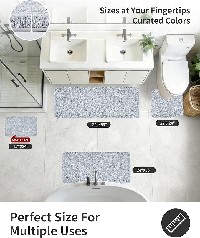 ILANGO Silver Bathroom Rugs 24" × 17" Small Non Slip & Super Absorbent Extra Thick Soft, Washable Bath Mat for Floor, Microfiber Plush Shaggy Bath Rug with Tub for Bathtub Shower Room Sink
