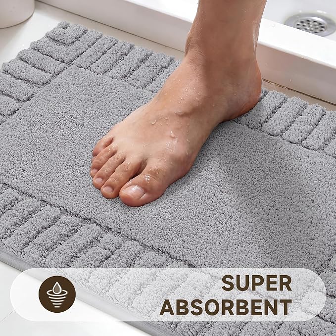 Pauwer Bathroom Rugs Set 5 Piece Non Slip Washable Bath Mat Set with U Shaped Contour Toilet Rugs Plush Absorbent Microfiber Shower Mat and Toilet Lid Cover for Bathroom, Light Grey