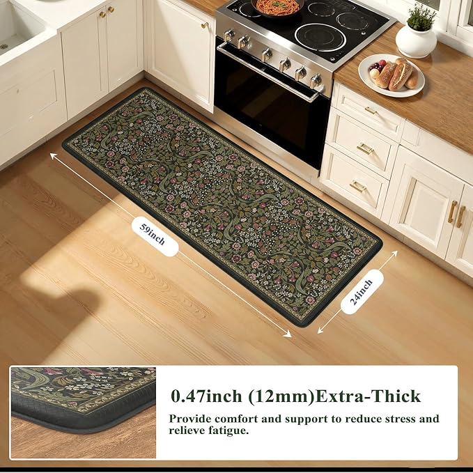Collive Kitchen Mats Cushioned Anti Fatigue, Non Slip Waterproof Kitchen Floor Mat Green Sink Rug, Modern Comfort Desk Standing Rugs for Bedroom, Office, Laundry, 24''x59''